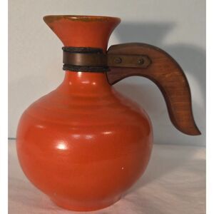 Vintage Orange Pottery Pitcher Vase Wood Handle Mid Century Modern